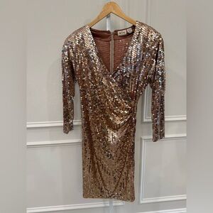 Oleg Cassini Bronze Sequin Long Sleeve Vintage Dress